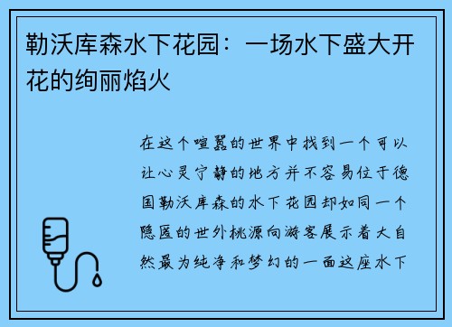 勒沃库森水下花园：一场水下盛大开花的绚丽焰火